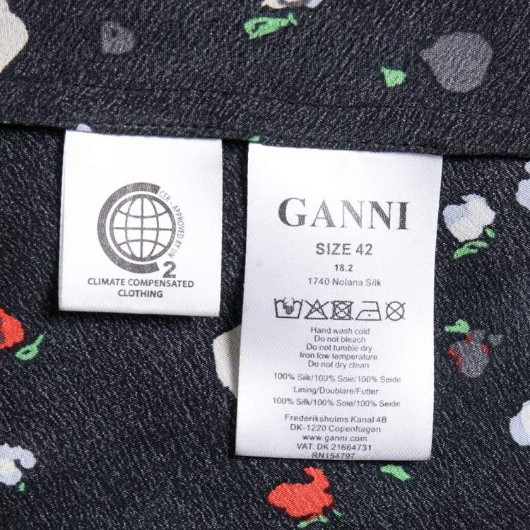 Pre Owned Ganni Black Print Silk Nolana Wrap On Midi Skirt L