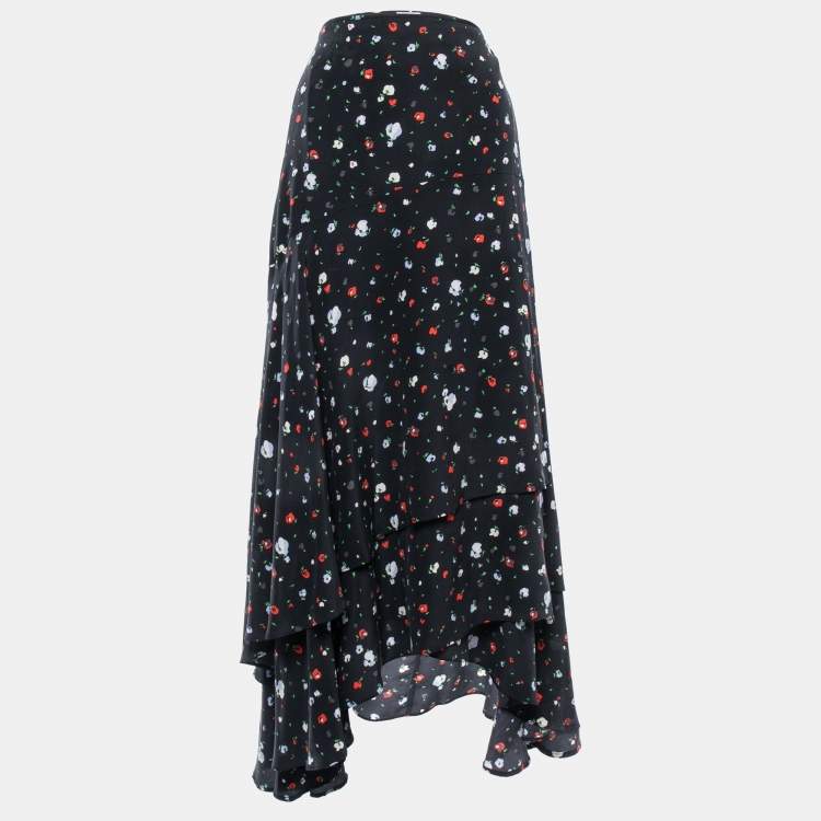 Pre Owned Ganni Black Print Silk Nolana Wrap On Midi Skirt L