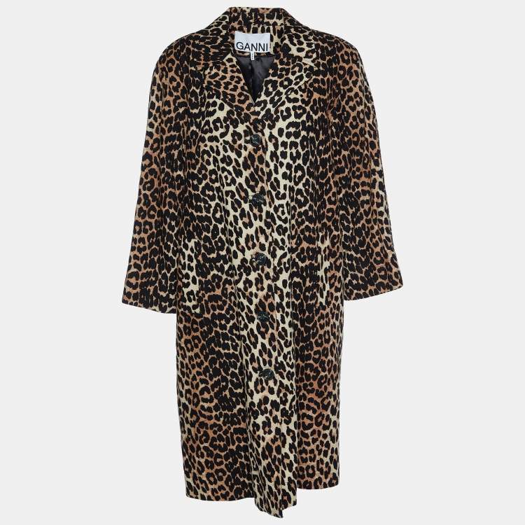 Pre Owned Ganni Brown Leopard Printed Linen & Cotton Coat M