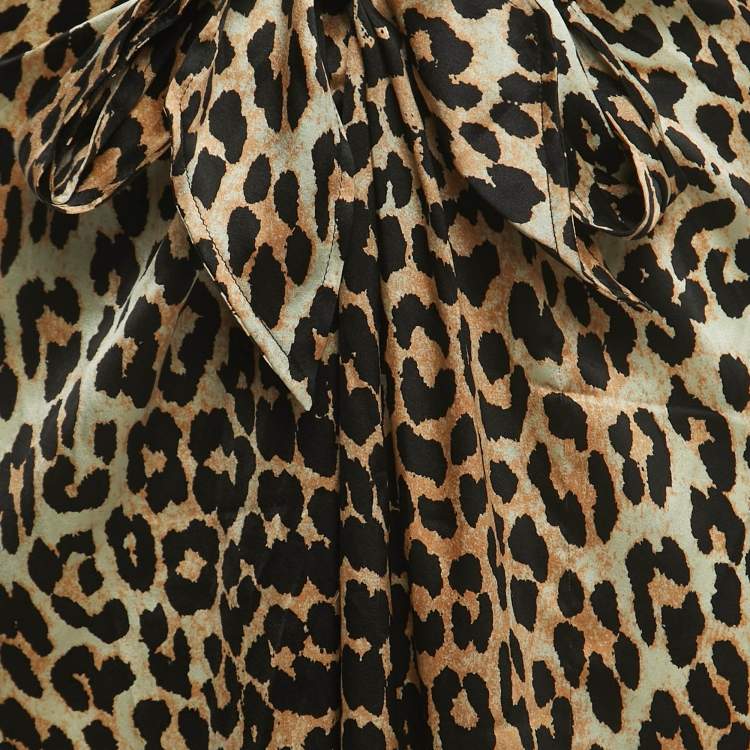 Pre Owned Ganni Black/Beige Leopard Print Silk Knot Detail Skirt S
