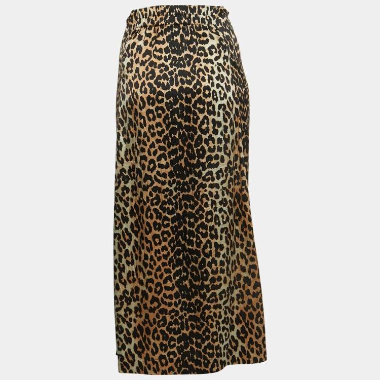 Pre Owned Ganni Black/Beige Leopard Print Silk Knot Detail Skirt S