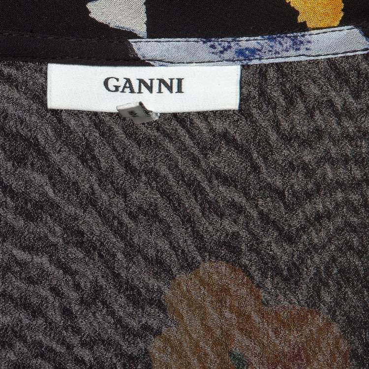 Pre Owned Ganni Black Floral Print Crepe Wrap Midi Dress XS