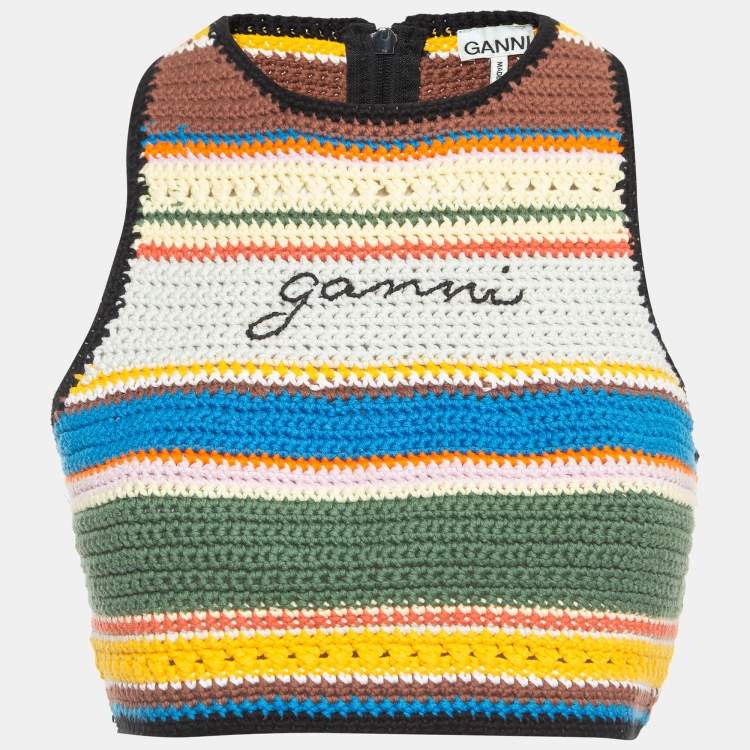Pre Owned Ganni Multicolor Crochet Knit Crop Top S