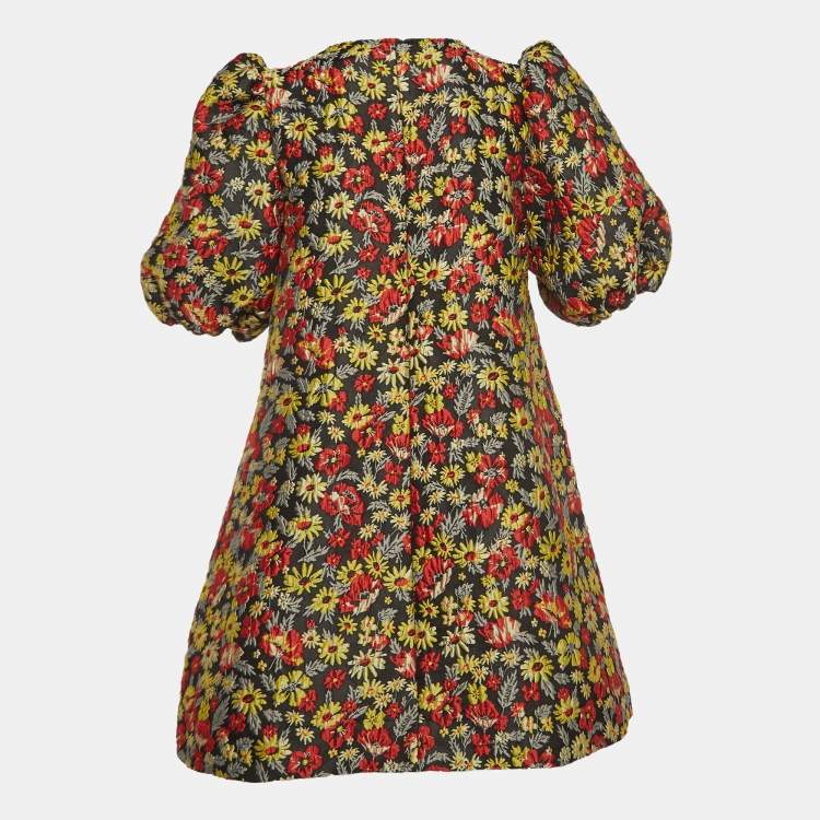 Pre Owned Ganni Multicolor Floral Jacquard Puff-Sleeve Mini Dress S