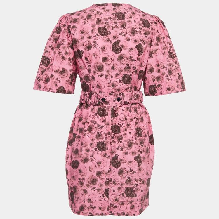 Pre Owned Ganni Pink Floral Print Cotton Belted Wrap Mini Dress M
