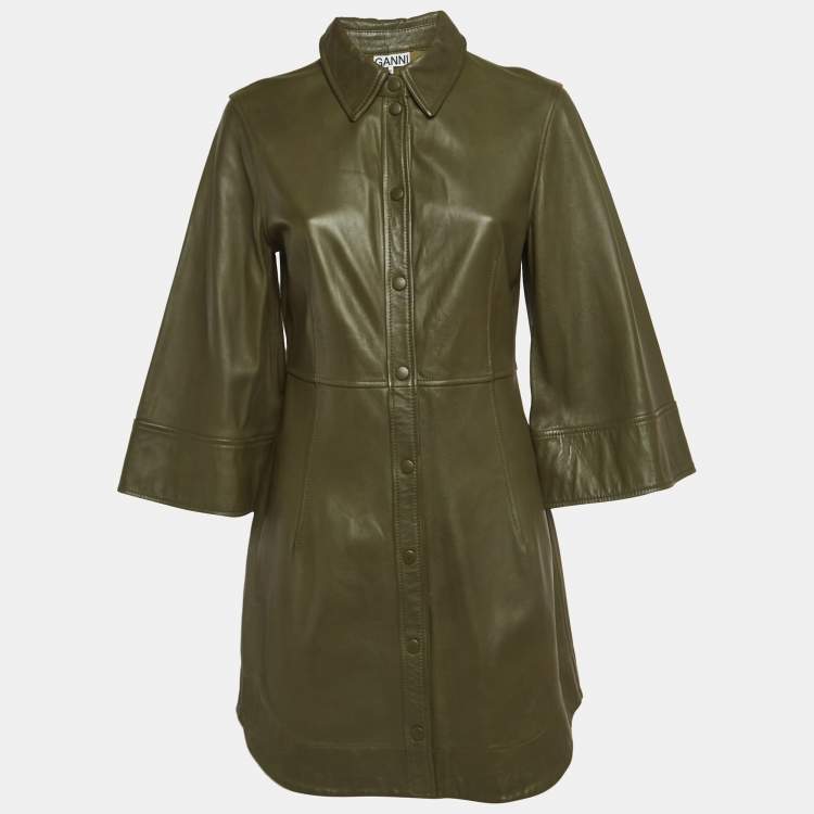 Pre Owned Ganni Military Green Leather Buttoned Mini Dress S