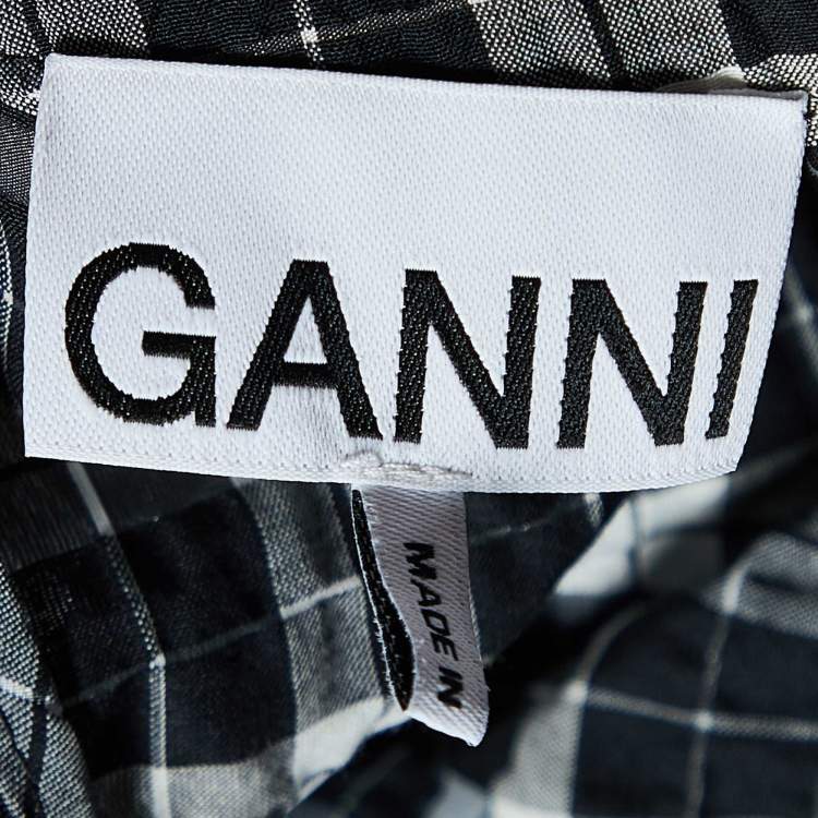 Pre Owned Ganni Black Checked Seersucker  Balloon Sleeve Mini Dress S