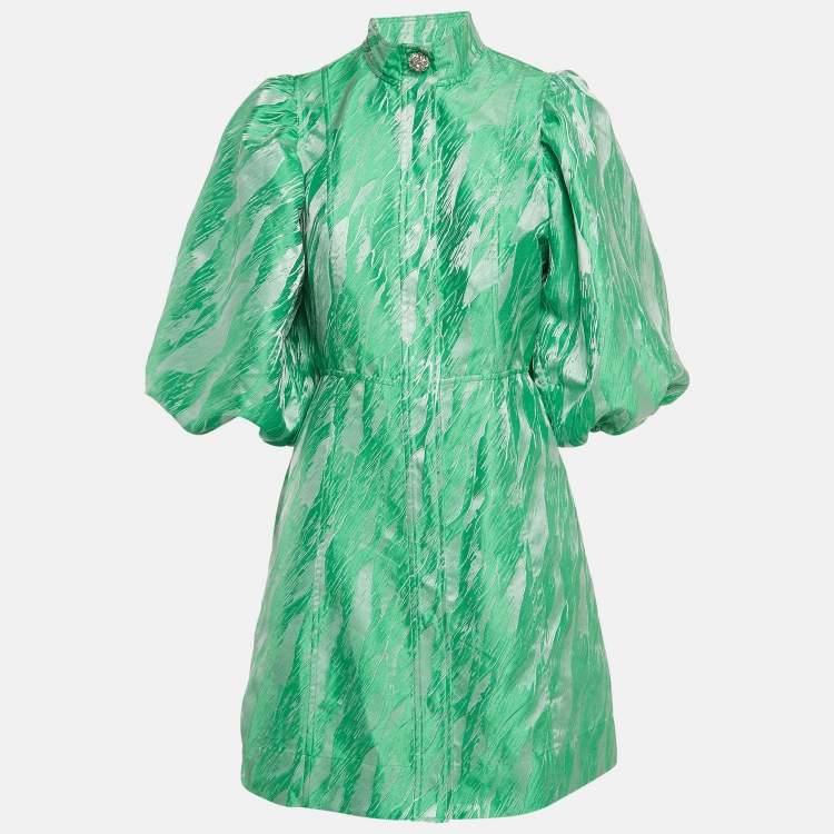 Pre Owned Ganni Green Abstract Pattern Jacquard Puff Sleeve Mini Dress M
