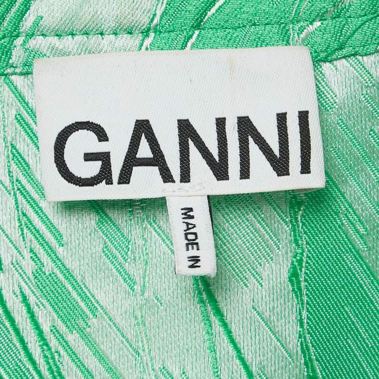 Pre Owned Ganni Green Abstract Pattern Jacquard Puff Sleeve Mini Dress M