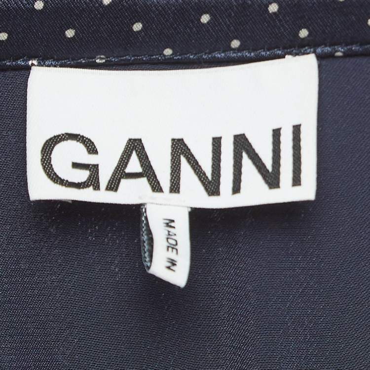 Pre Owned Ganni Navy Blue Polka Dot Print Satin Tie-Up Open Back Blouse S