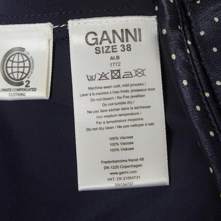 Pre Owned Ganni Navy Blue Polka Dot Print Satin Tie-Up Open Back Blouse S