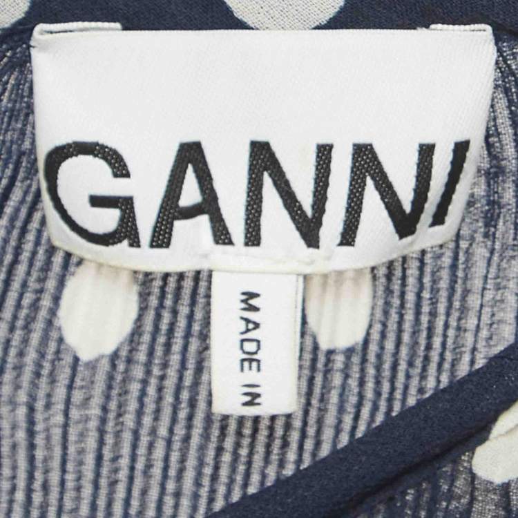 Pre Owned Ganni Navy Blue Polka Dot Pleated Crepe Tiered Midi Dress M