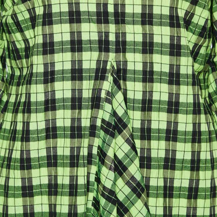 Pre Owned Ganni Neon Green/Black Checkered Cotton Puff Sleeve Dress XS