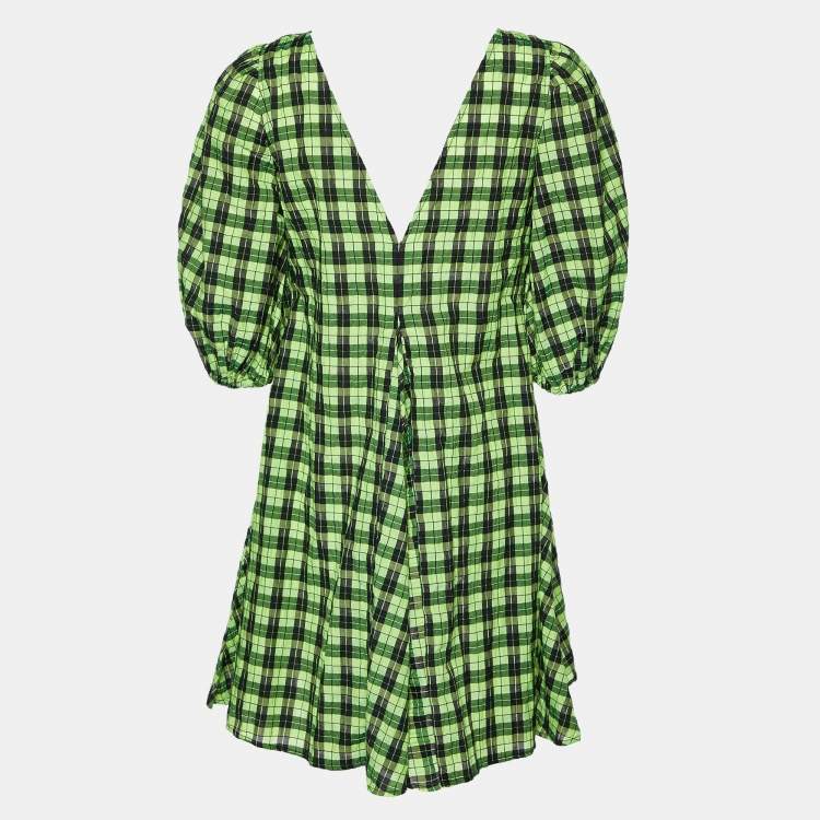 Pre Owned Ganni Neon Green/Black Checkered Cotton Puff Sleeve Dress XS