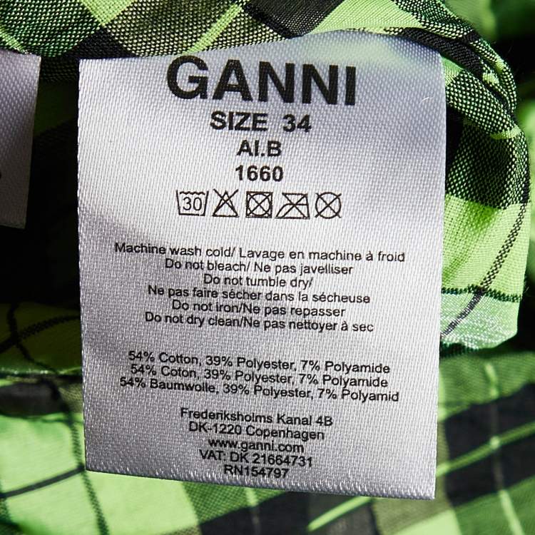 Pre Owned Ganni Neon Green/Black Checkered Cotton Puff Sleeve Dress XS