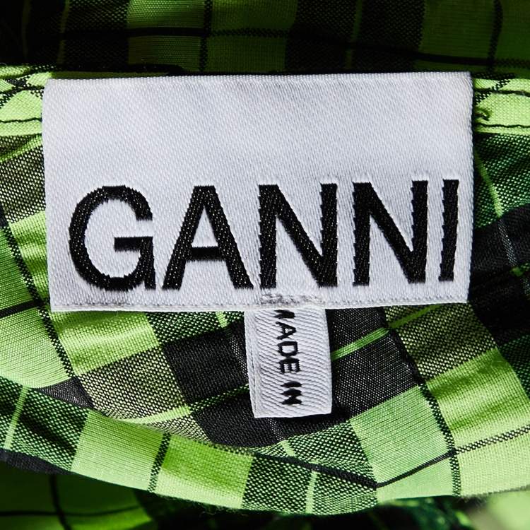 Pre Owned Ganni Neon Green/Black Checkered Cotton Puff Sleeve Dress XS