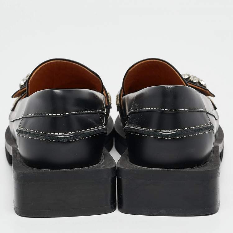 Pre Owned Ganni Black Leather Crystal Embellished Slip On Loafers Size 35