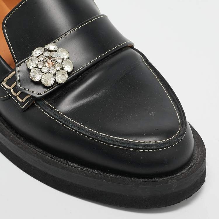 Pre Owned Ganni Black Leather Crystal Embellished Slip On Loafers Size 35