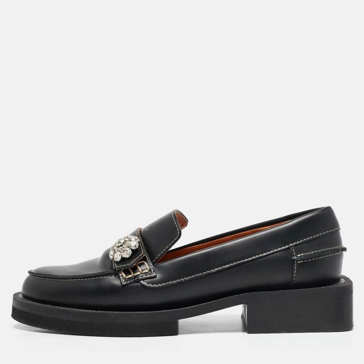 Pre Owned Ganni Black Leather Crystal Embellished Slip On Loafers Size 35