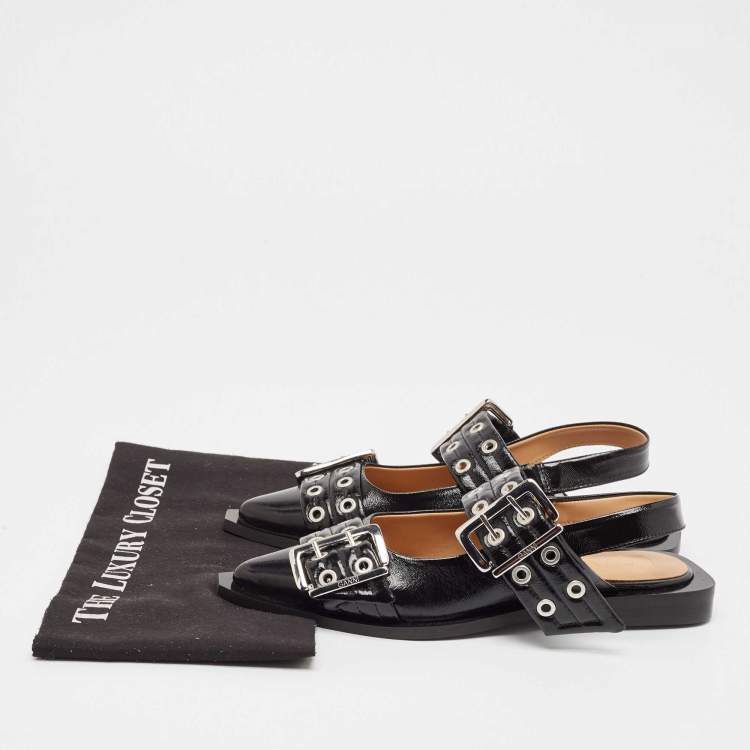 Pre Owned Ganni Black Leather Buckle  Slingback Flats Size 37