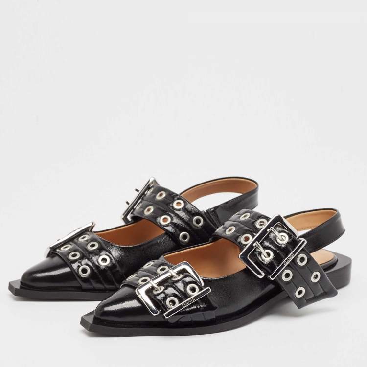Pre Owned Ganni Black Leather Buckle  Slingback Flats Size 37