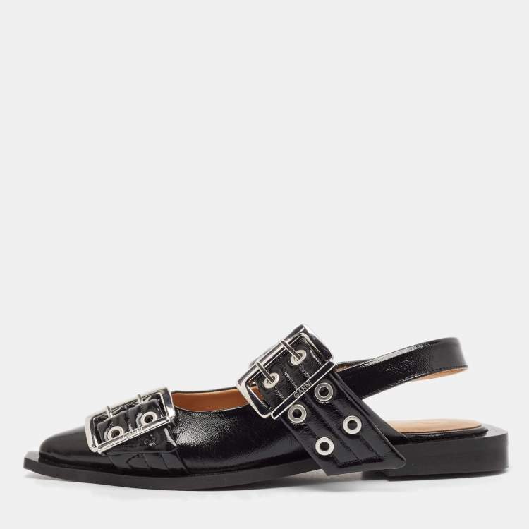 Pre Owned Ganni Black Leather Buckle  Slingback Flats Size 37