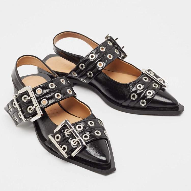 Pre Owned Ganni Black Leather Buckle  Slingback Flats Size 37