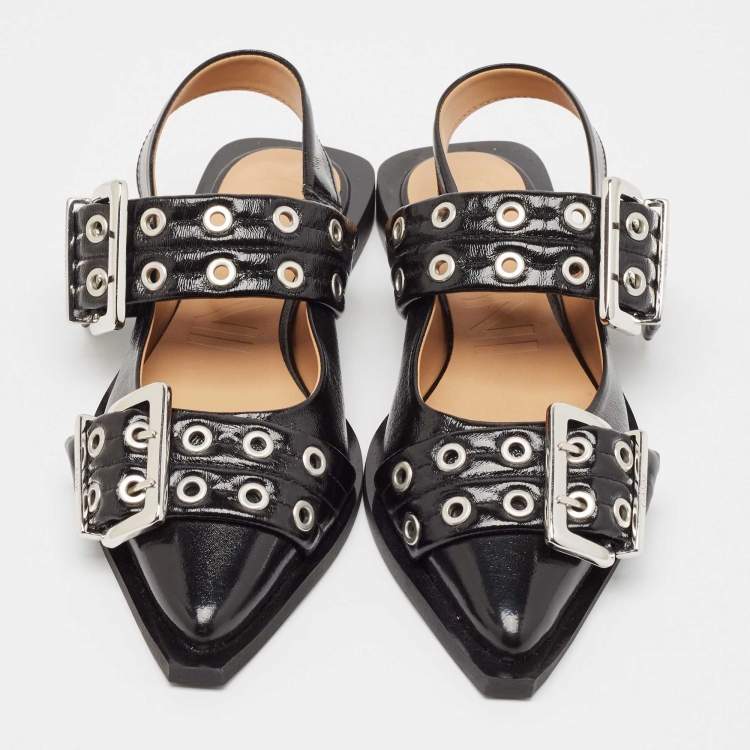 Pre Owned Ganni Black Leather Buckle  Slingback Flats Size 37
