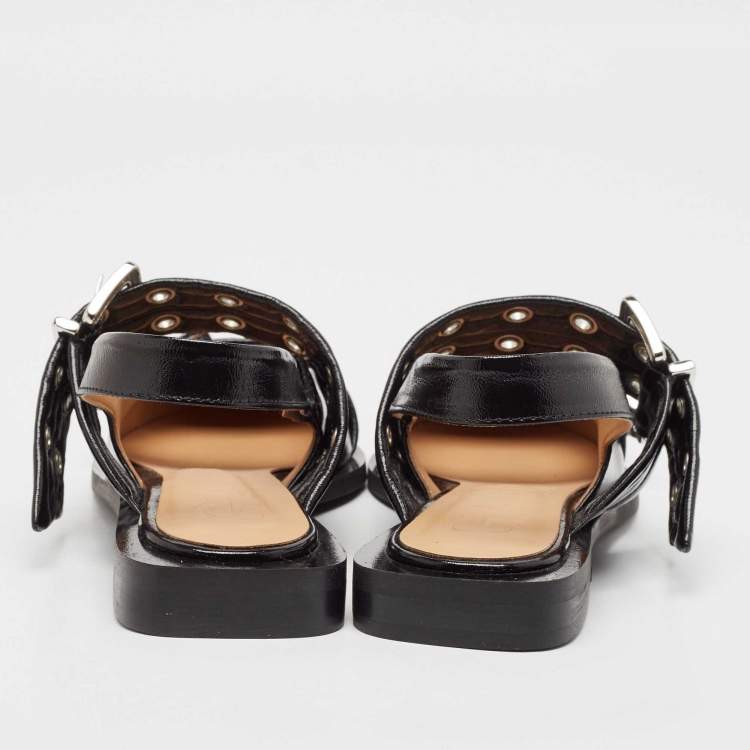 Pre Owned Ganni Black Leather Buckle  Slingback Flats Size 37