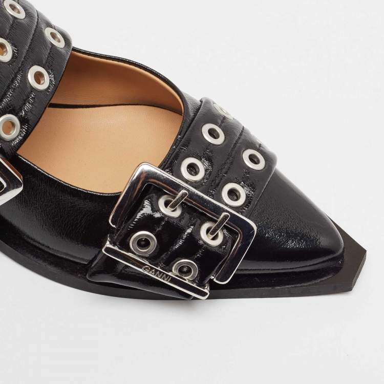 Pre Owned Ganni Black Leather Buckle  Slingback Flats Size 37