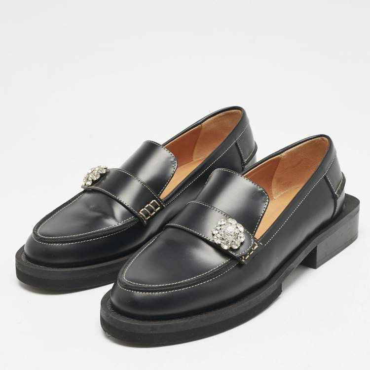 Pre Owned Ganni Black Leather Crystal Embellished Slip On Loafers Size 36