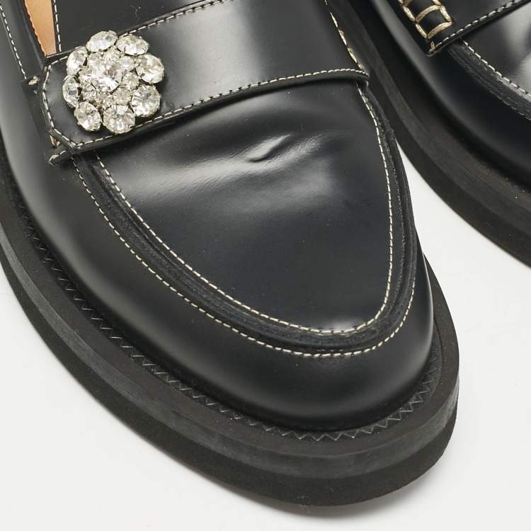 Pre Owned Ganni Black Leather Crystal Embellished Slip On Loafers Size 36