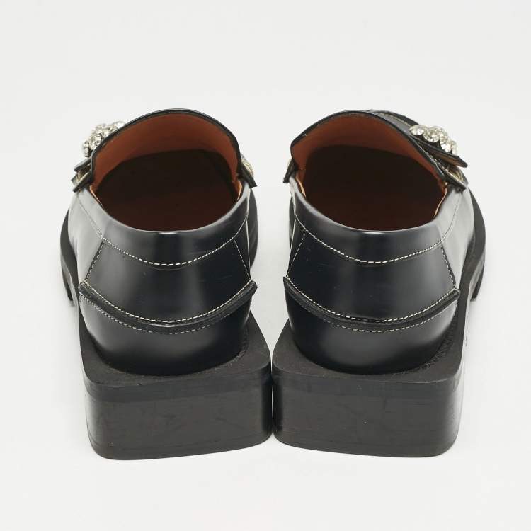 Pre Owned Ganni Black Leather Crystal Embellished Slip On Loafers Size 36