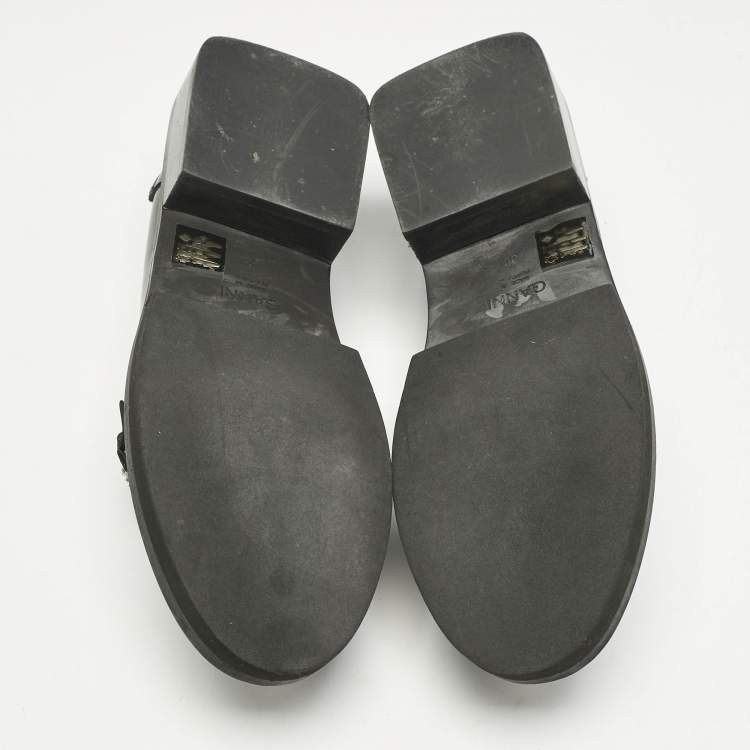 Pre Owned Ganni Black Leather Crystal Embellished Slip On Loafers Size 36