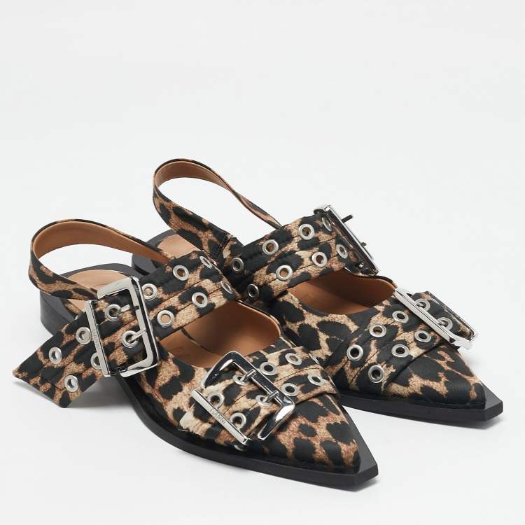 Pre Owned Ganni Multicolor Fabric Leopard Print Buckle Slingback Flats Size 37