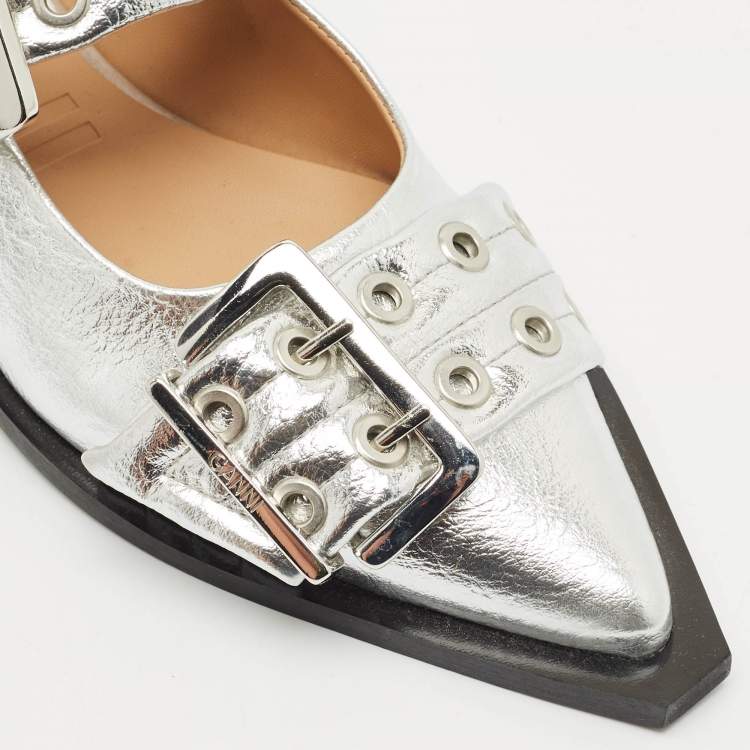 Pre Owned Ganni Silver Leather Buckle Slingback Flats Size 37