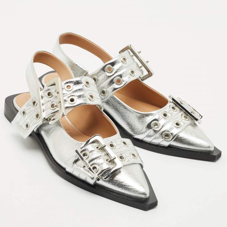 Pre Owned Ganni Silver Leather Buckle Slingback Flats Size 37