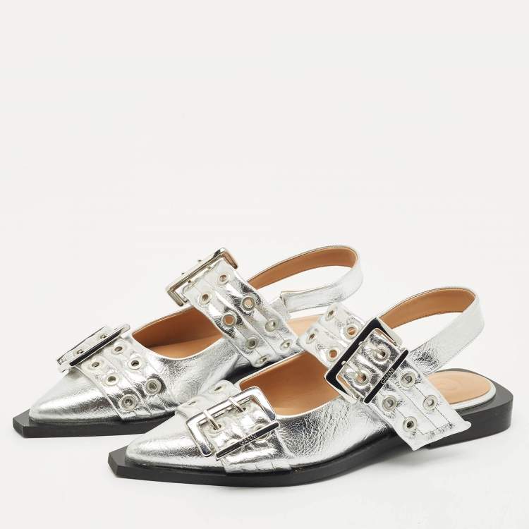 Pre Owned Ganni Silver Leather Buckle Slingback Flats Size 37