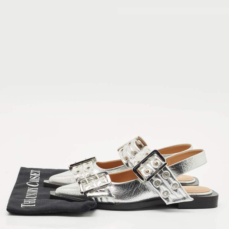 Pre Owned Ganni Silver Leather Buckle Slingback Flats Size 37
