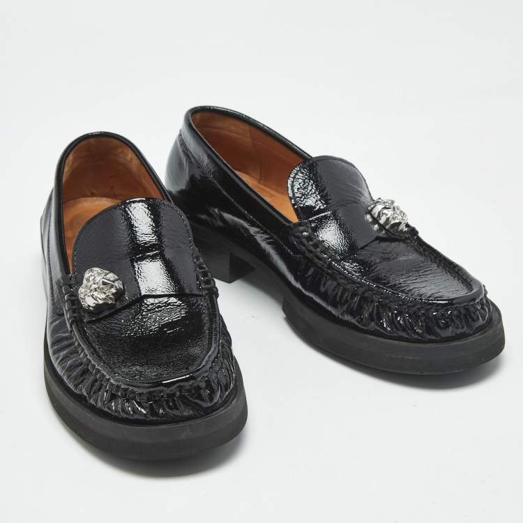 Pre Owned Ganni Black Patent Leather Crystal Embellished Slip On Loafers Size 37