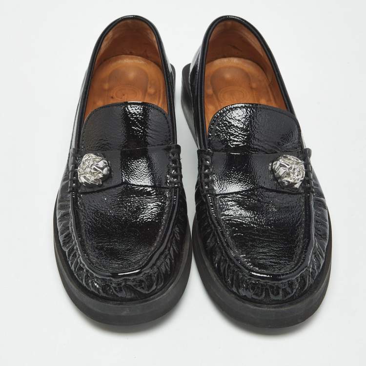 Pre Owned Ganni Black Patent Leather Crystal Embellished Slip On Loafers Size 37