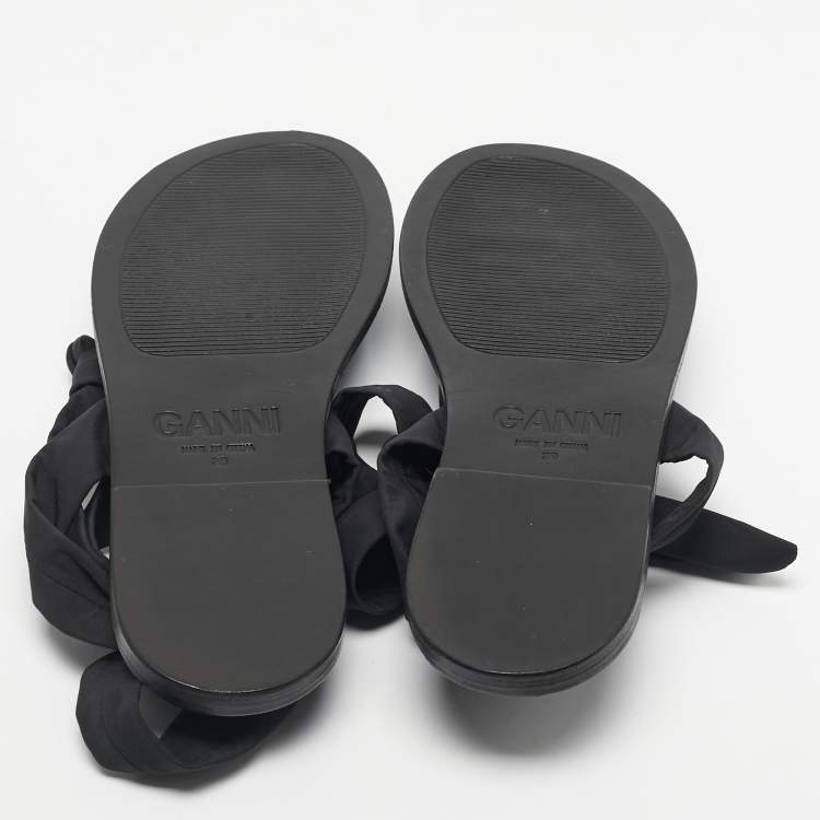 Pre Owned Ganni Black Nylon Puffy Thong Ankle Wrap Flats Size 39