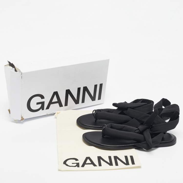 Pre Owned Ganni Black Nylon Puffy Thong Ankle Wrap Flats Size 39