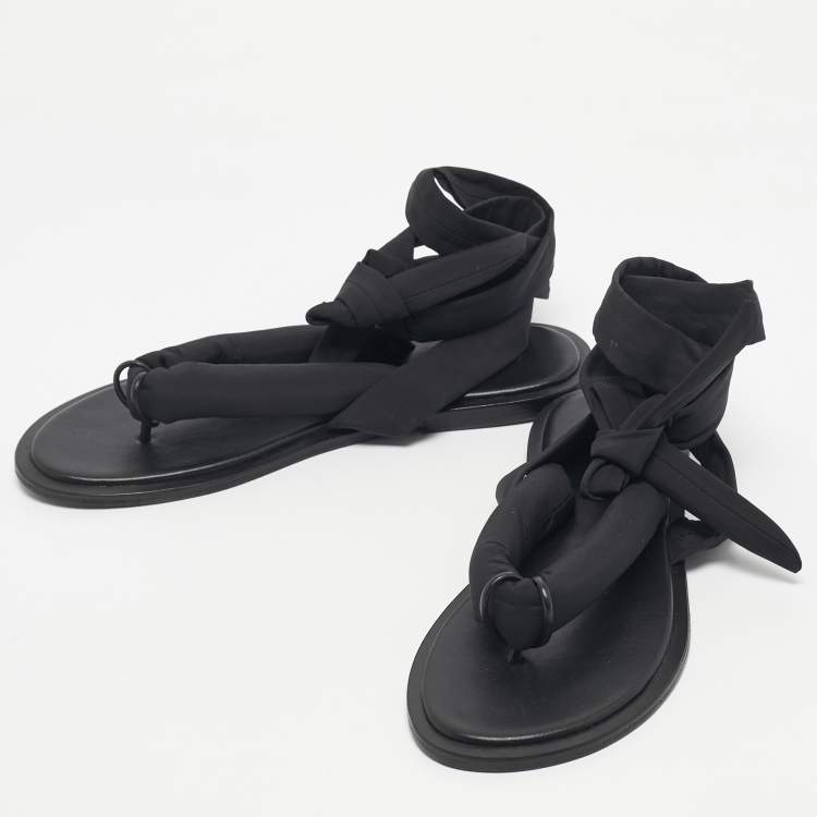 Pre Owned Ganni Black Nylon Puffy Thong Ankle Wrap Flats Size 39