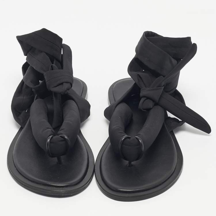 Pre Owned Ganni Black Nylon Puffy Thong Ankle Wrap Flats Size 39