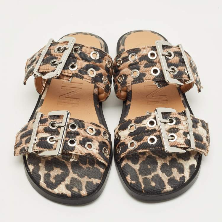 Pre Owned Ganni Brown Leopard Print Denim Feminine Buckle Sandals Size 38