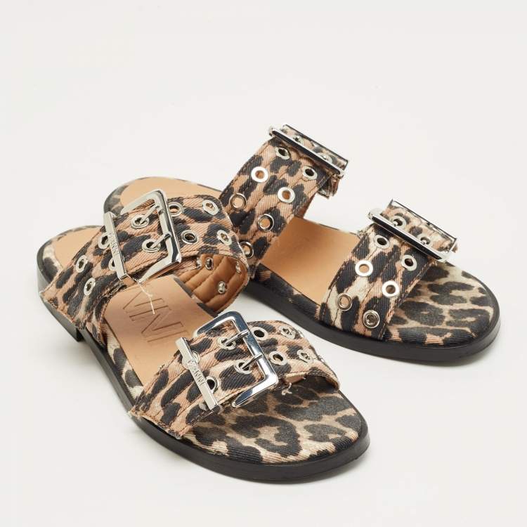 Pre Owned Ganni Brown Leopard Print Denim Feminine Buckle Sandals Size 38