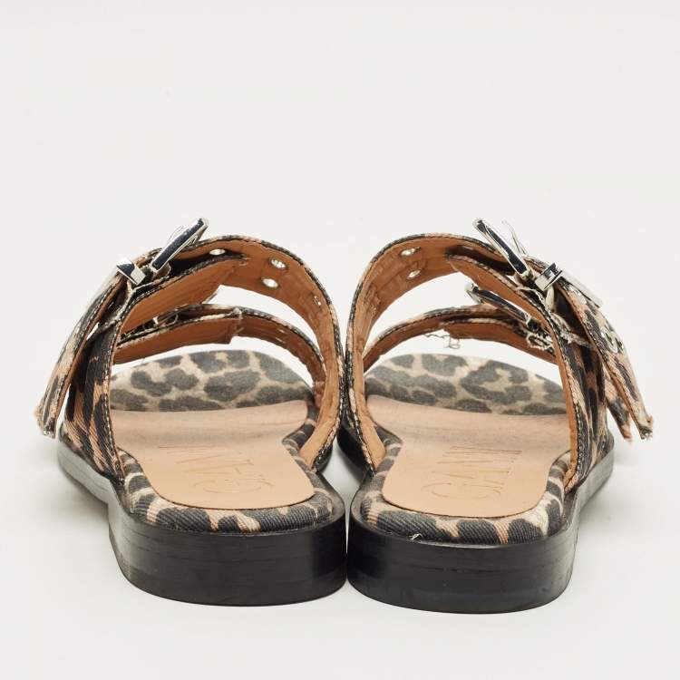 Pre Owned Ganni Brown Leopard Print Denim Feminine Buckle Sandals Size 38