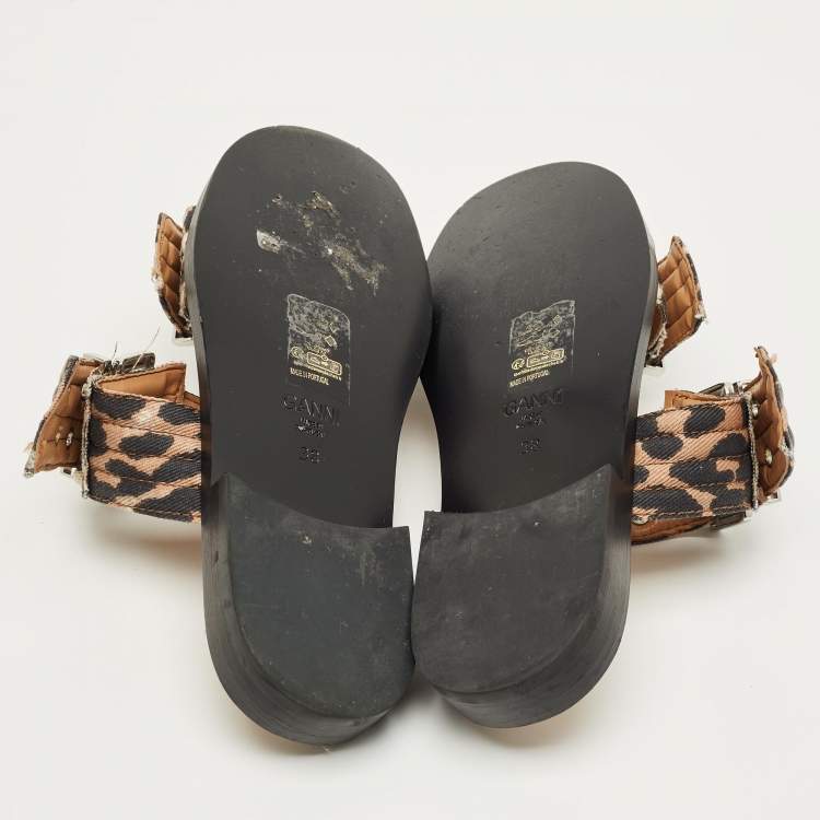 Pre Owned Ganni Brown Leopard Print Denim Feminine Buckle Sandals Size 38