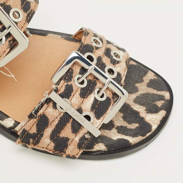 Pre Owned Ganni Brown Leopard Print Denim Feminine Buckle Sandals Size 38
